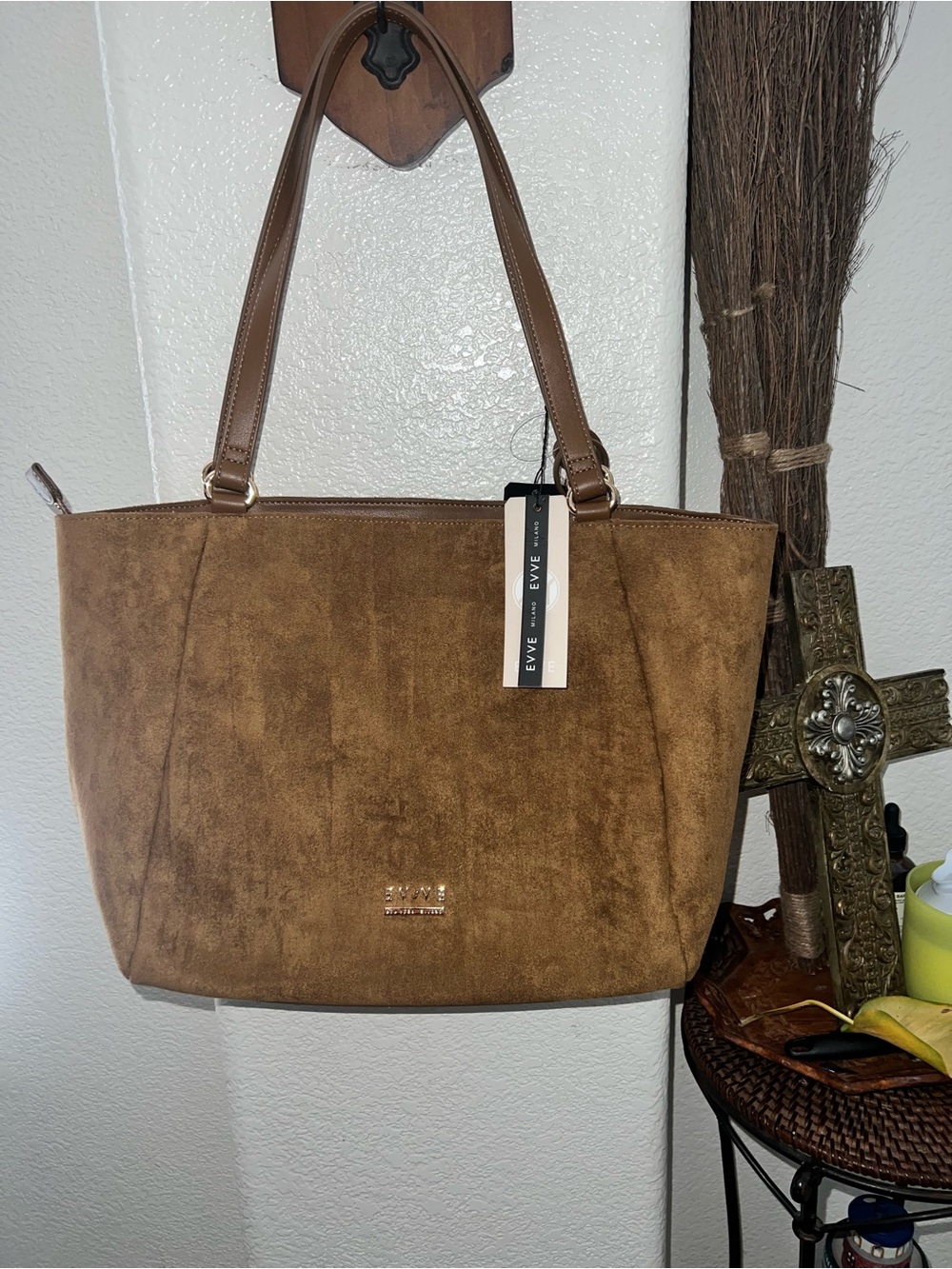 EVVE Brown Suede-Look Tote with Leather Handles